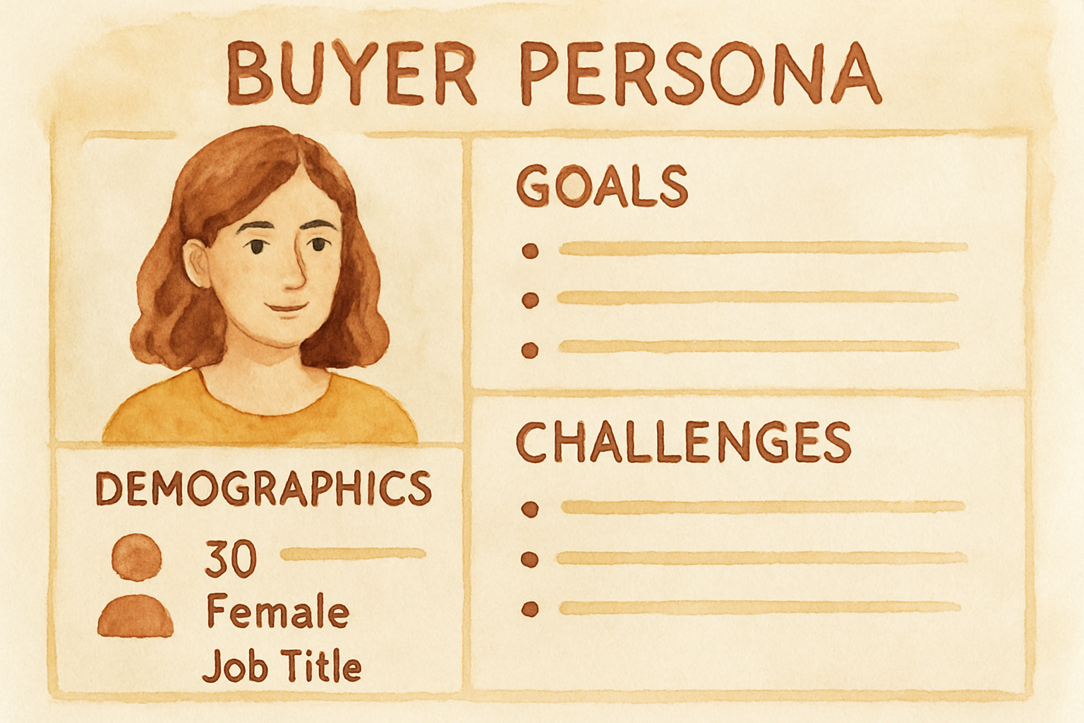 Illustration of a detailed buyer persona template including goals, challenges, demographics. Alt: Content marketing audience persona example for strategy