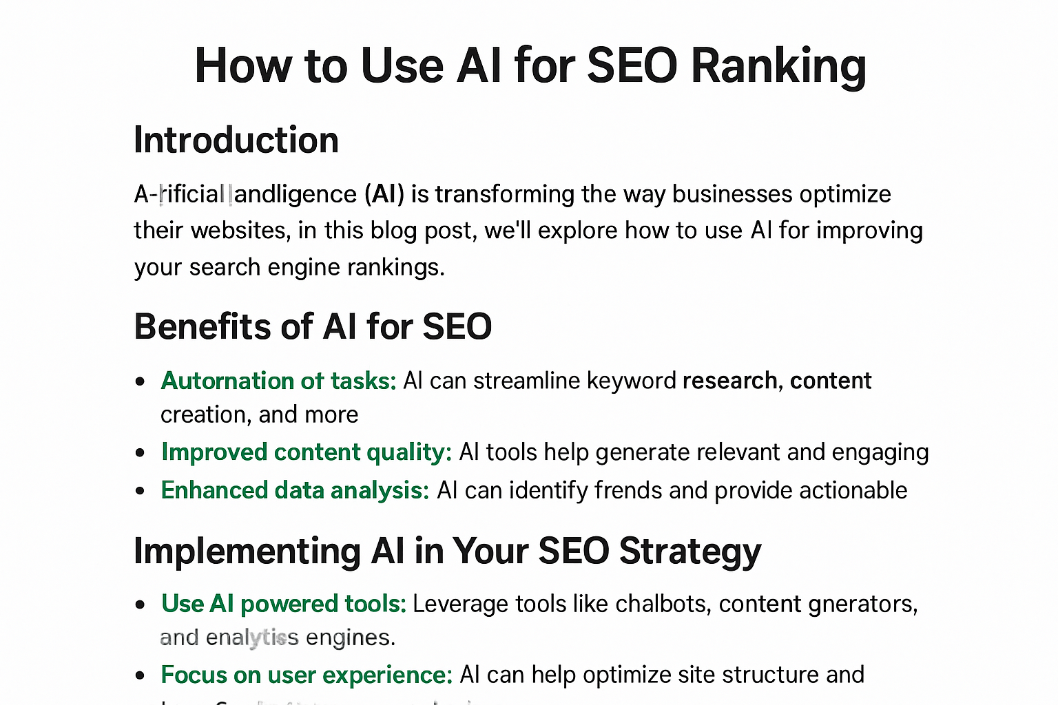 Example of optimized content structure showing headings, bullet points, and keyword highlights. Alt: AI SEO optimized blog post layout for how to use ai for seo ranking.