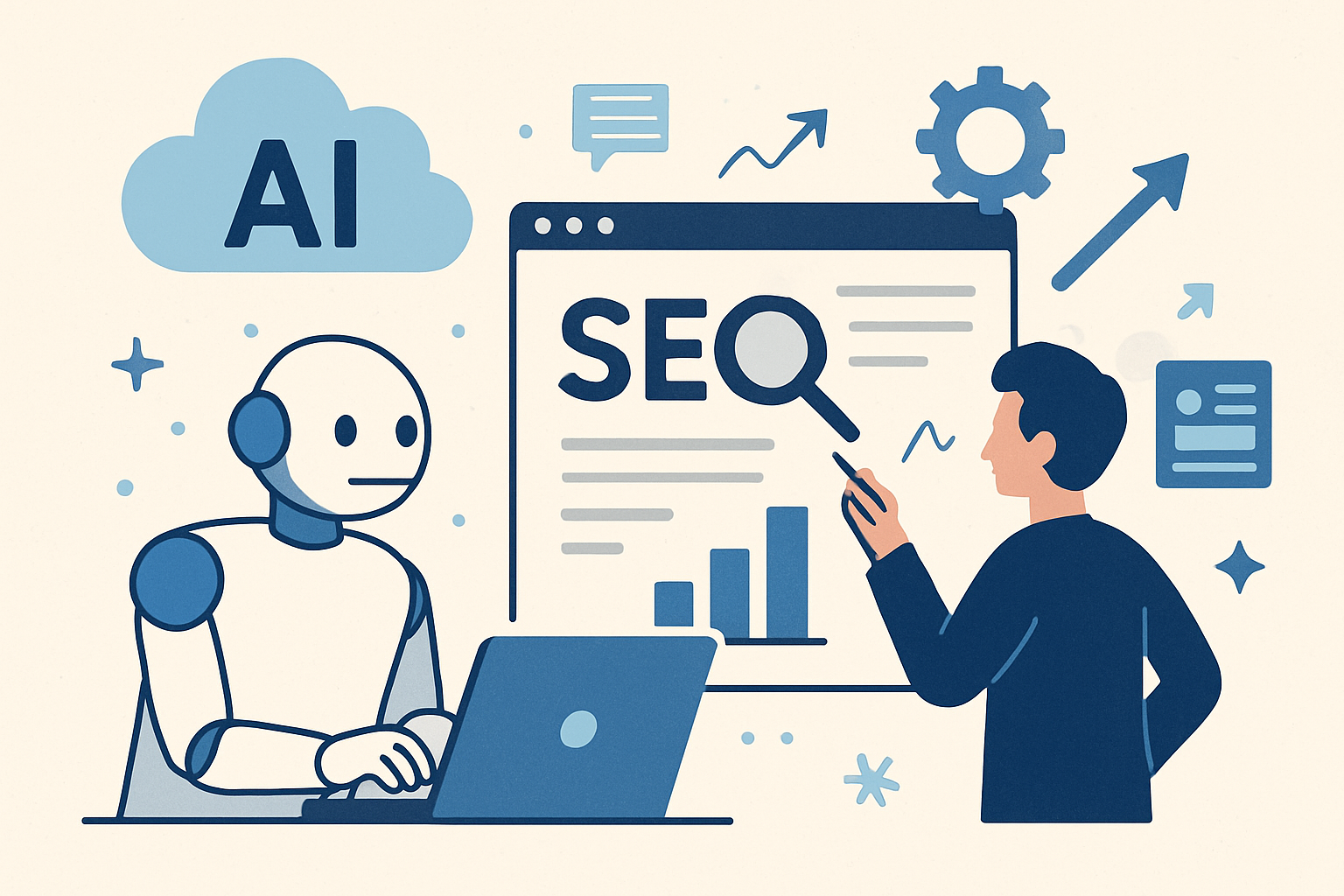 Visual representation of AI-human collaboration in SEO optimization. Alt: Hybrid approach of AI and human creativity for how to use ai for seo ranking.