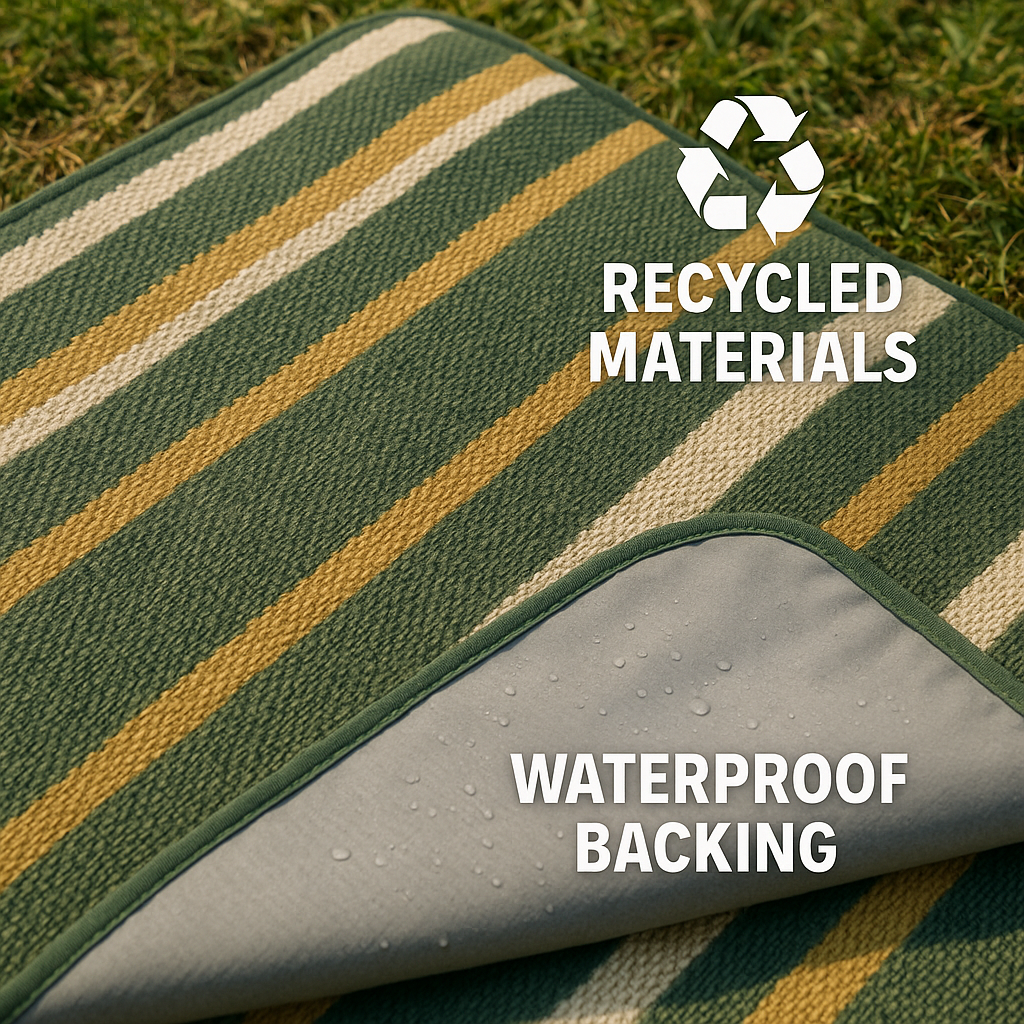 Close-up of eco-friendly outdoor waterproof picnic blanket with labeling of recycled materials and waterproof backing. Alt: Eco-friendly outdoor waterproof picnic blanket made from recycled plastic bottles.