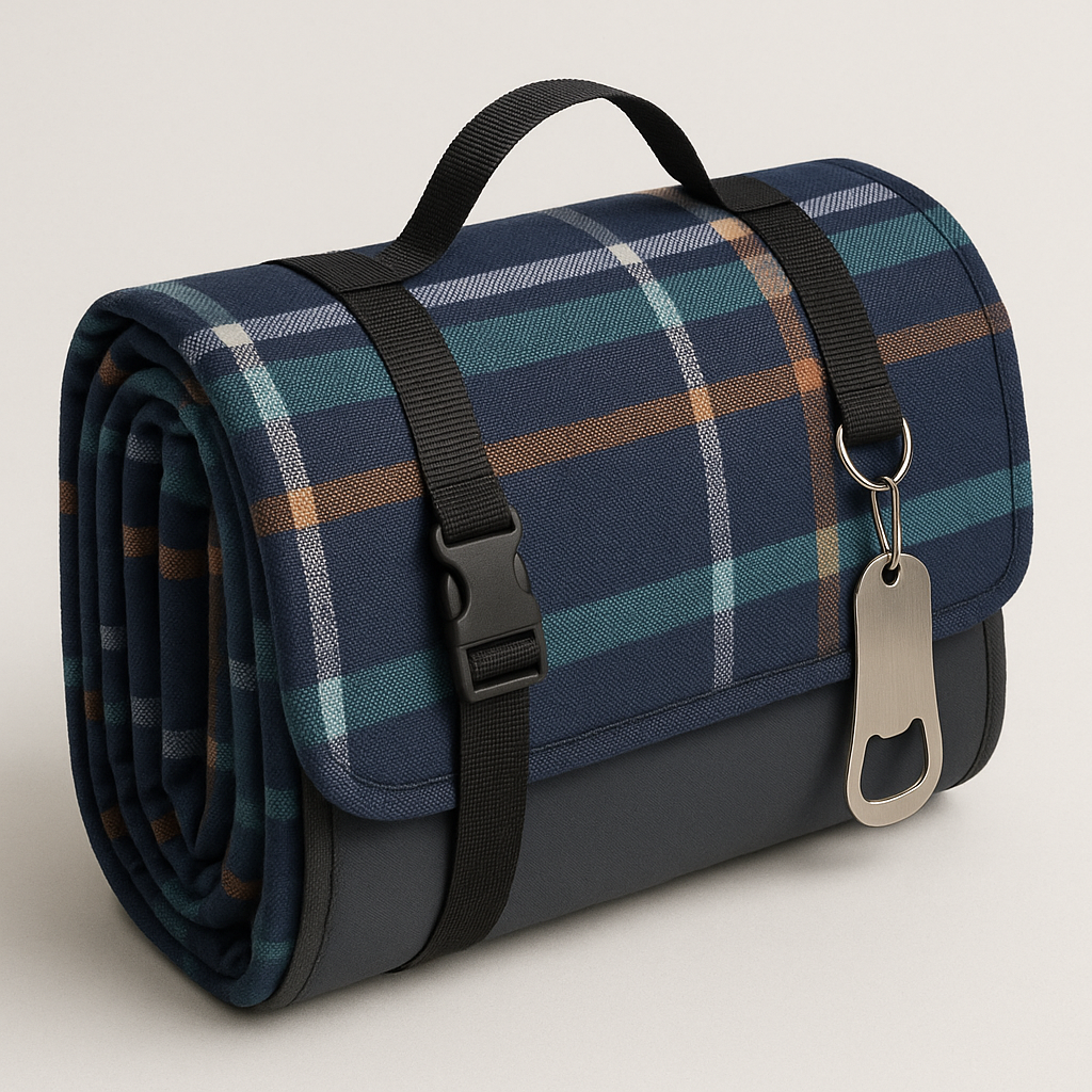 A folded outdoor waterproof picnic blanket with easy-to-use straps and bottle opener detail, ready for packing. Alt: Folded outdoor waterproof picnic blanket with carry straps and convenient accessories.