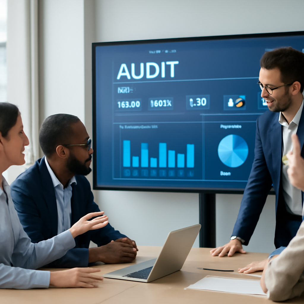 A business team brainstorming around a digital dashboard showing audit metrics, modern office setting, bright lighting. Alt: Digital audit dashboard in a corporate environment.