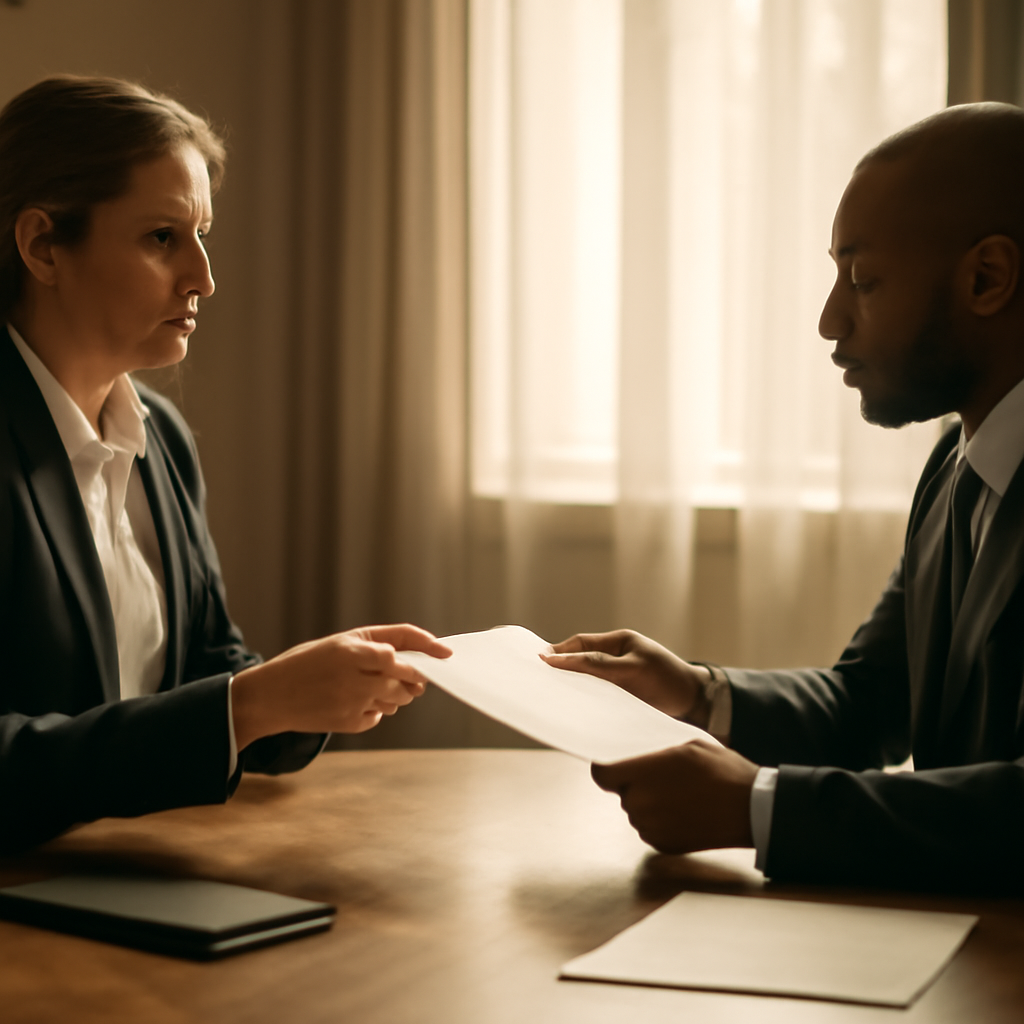 A negotiation table with two professionals exchanging documents, light streaming in, symbolizing mutual intent. Alt: Professionals negotiating over a table.