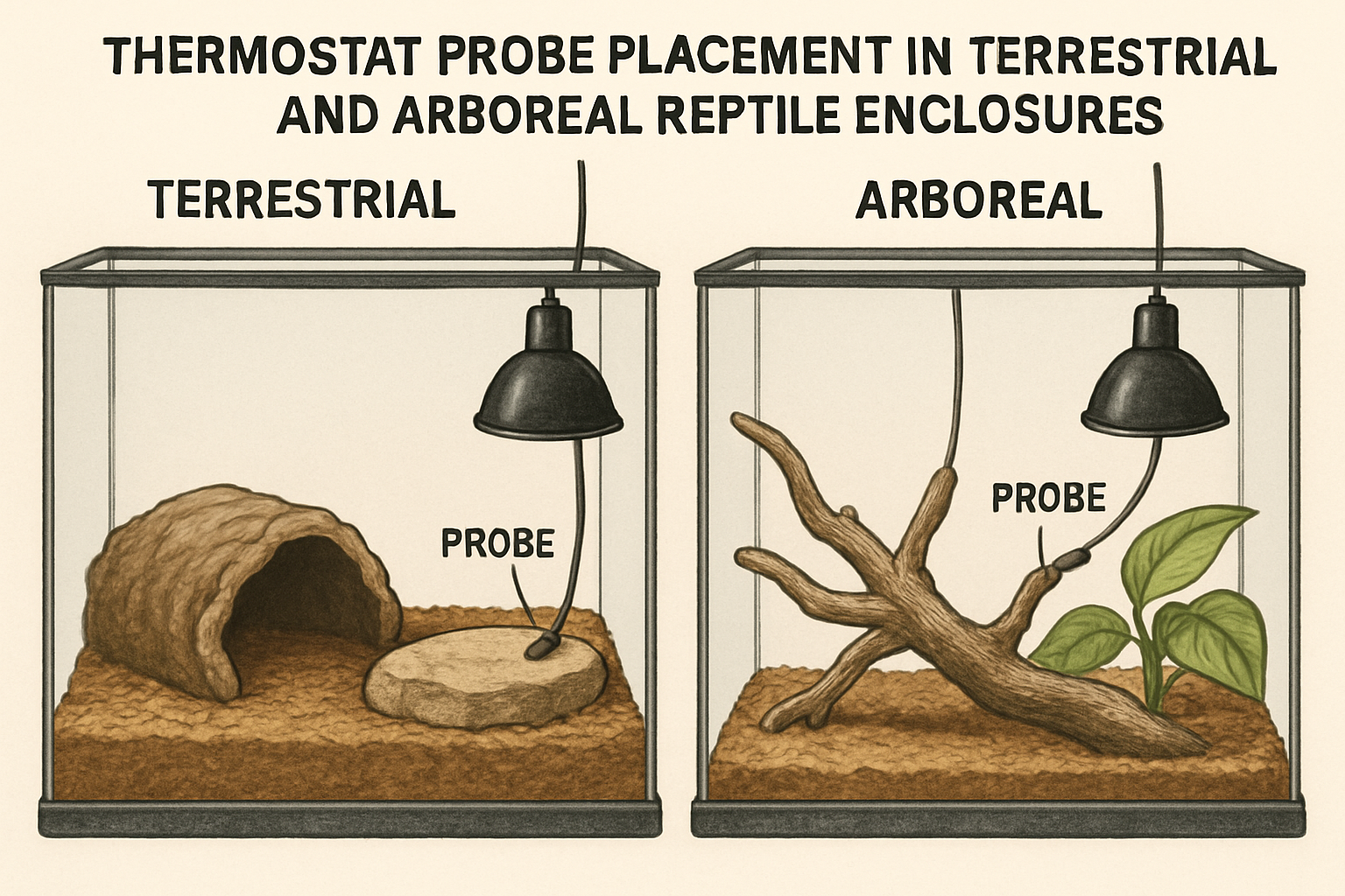 Illustration of thermostat probe placements in terrestrial and arboreal reptile enclosures. Alt: Proper reptile thermostat probe placement for accurate temperature control.
