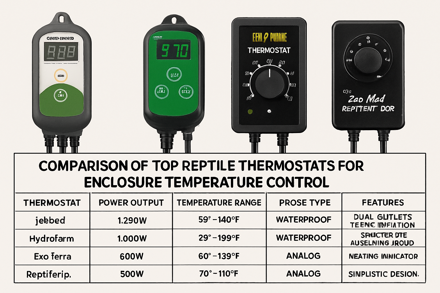 Array of popular reptile thermostats with features comparison chart. Alt: Comparison of top reptile thermostats for enclosure temperature control.