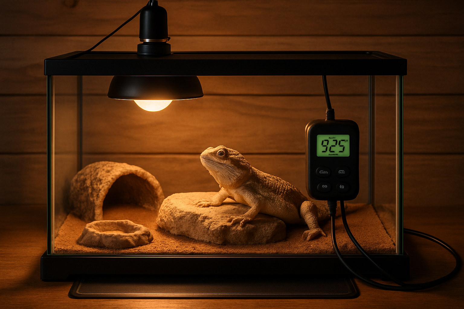 Cozy reptile terrarium with heat lamp, heat mat, and digital thermostat visible. Alt: Optimally heated reptile terrarium with reptile thermostat for temperature control.
