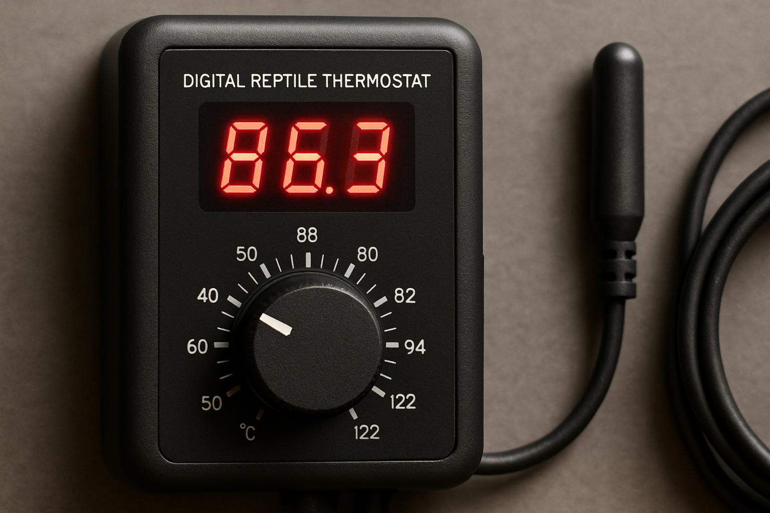 Close-up of digital reptile thermostat dial and probe setup. Alt: Best digital reptile thermostat showing temperature settings and probe placement.