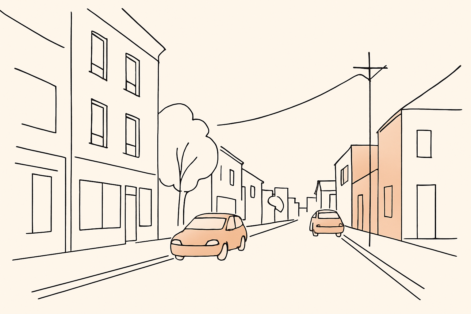 Minimalist line drawing of an urban street scene with limited color palette. Alt: Simplistic art urban sketch with clean lines and minimal color.