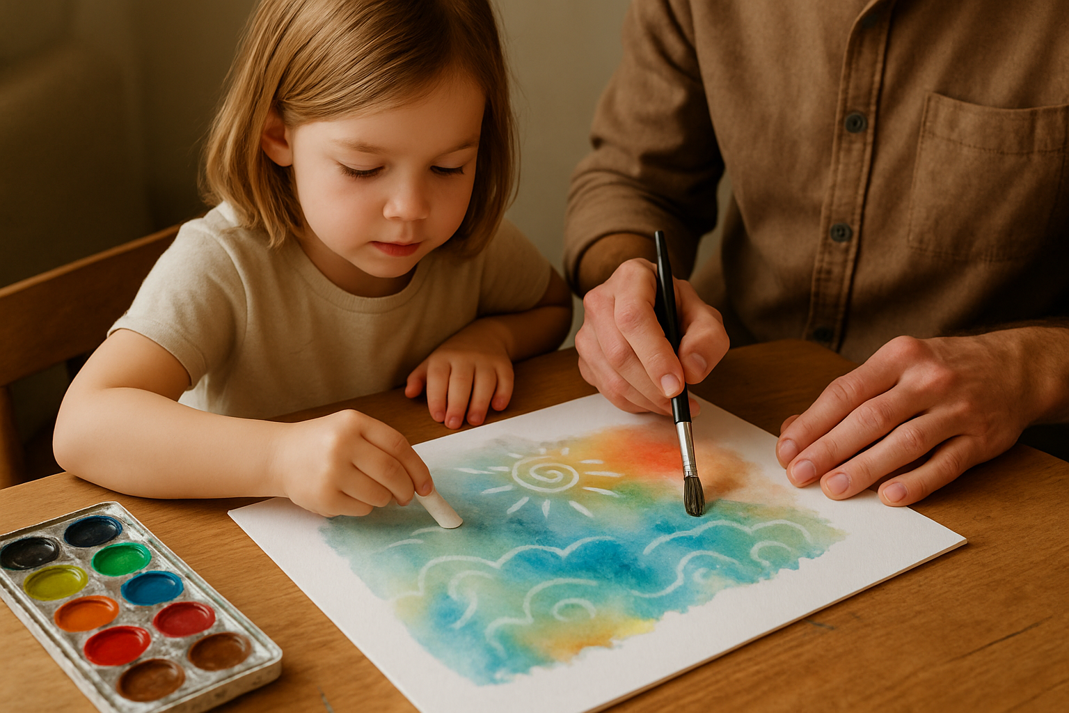 A child and adult collaboratively creating a crayon resist artistic piece with watercolor washes. Alt: Simplicity in art creation through collaborative crayon resist technique.