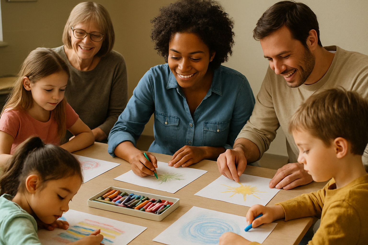 Children and adults engaging in a simplistic art workshop with crayons and watercolor paper. Alt: Educational and therapeutic benefits of simplistic art in group settings.
