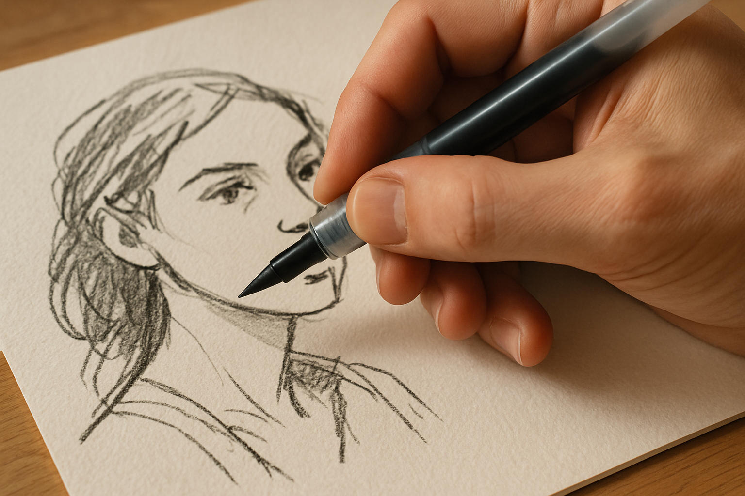 Close-up of an artist’s hand sketching with a brush pen on watercolor paper. Alt: Improving simplistic art skills with quality tools and practice.