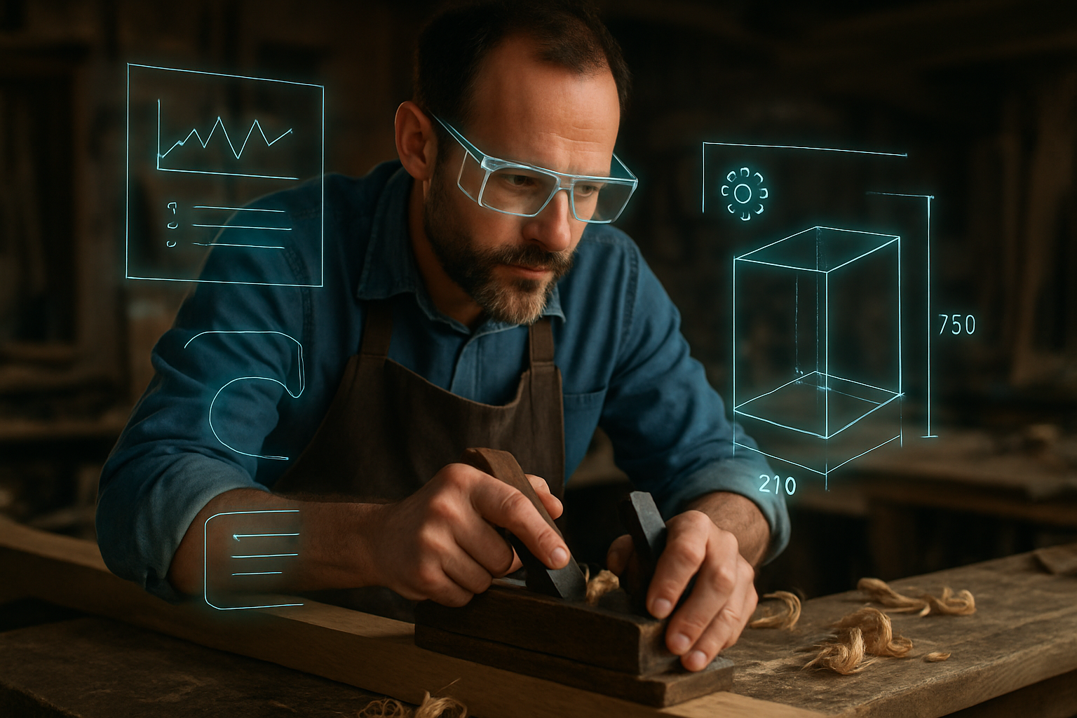 Craftsman working with traditional tools and augmented reality overlay. Alt: Blending traditional craftsmanship with modern smart technology in smarts and crafts.