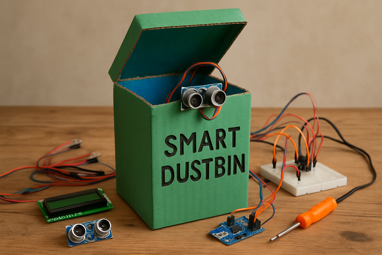 Smart dustbin DIY project showing electronic components and finished product. Alt: Smart dustbin project combining smarts and crafts with DIY ingenuity.