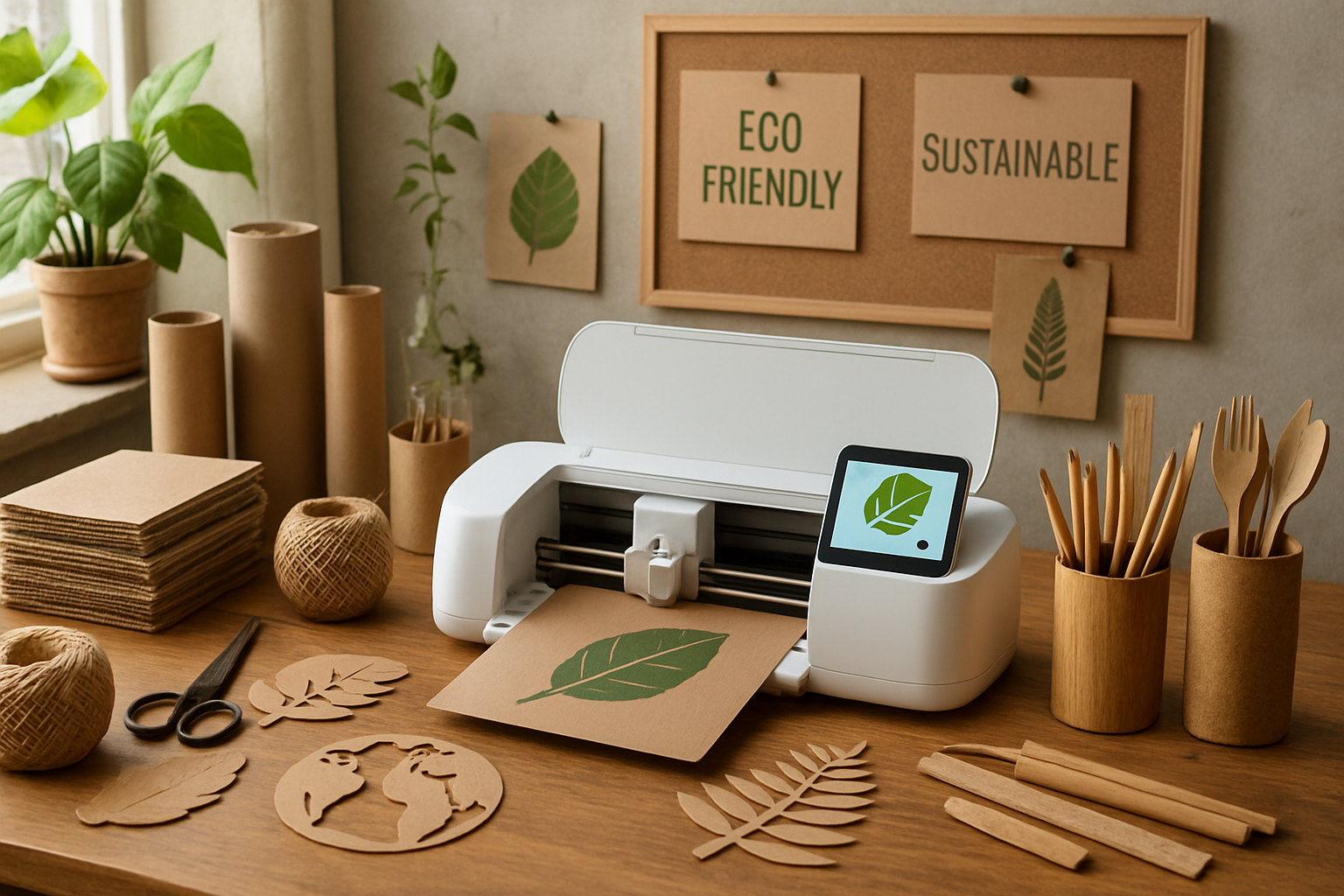 Sustainable crafting workspace with eco-friendly materials and smart tools. Alt: Sustainable practices combined with smart technology in smarts and crafts.