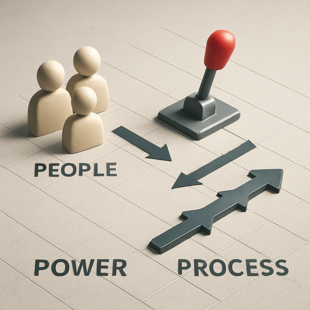 A stylized 3‑dimensional grid showing people icons, power levers, and process timeline arrows. Alt: 3D Negotiation Strategy framework visual showing people, power, and process dimensions.