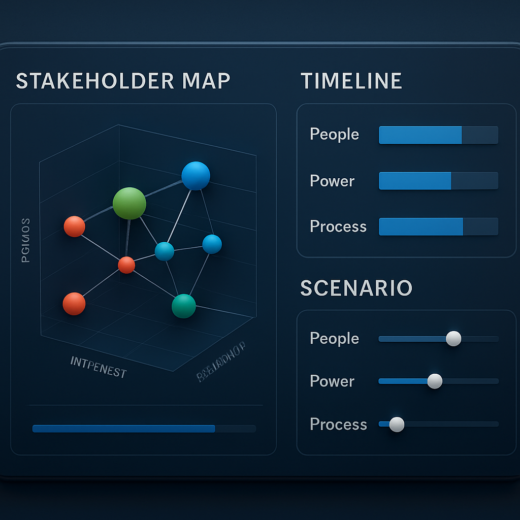 A sleek digital dashboard displaying a 3‑dimensional stakeholder map with colored influence nodes, timeline bars, and scenario sliders. Alt: Interactive 3D negotiation simulation dashboard showing people, power, and process metrics.