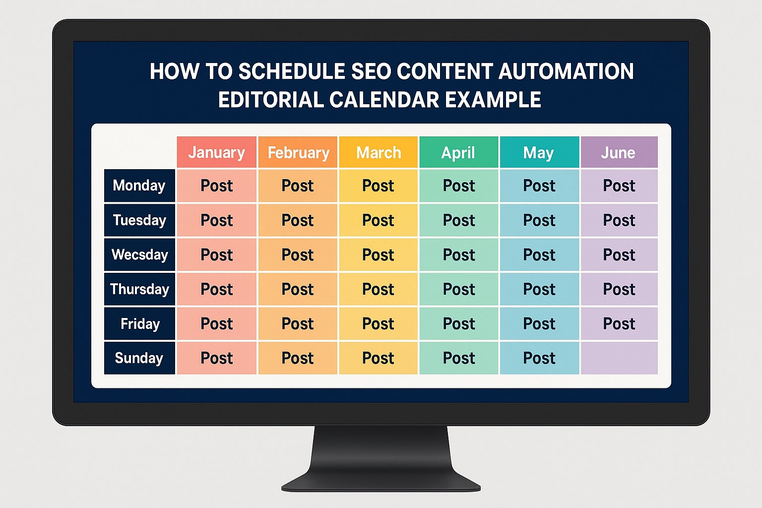 A colorful six‑month editorial calendar template on a screen. Alt: how to schedule seo content automation editorial calendar example