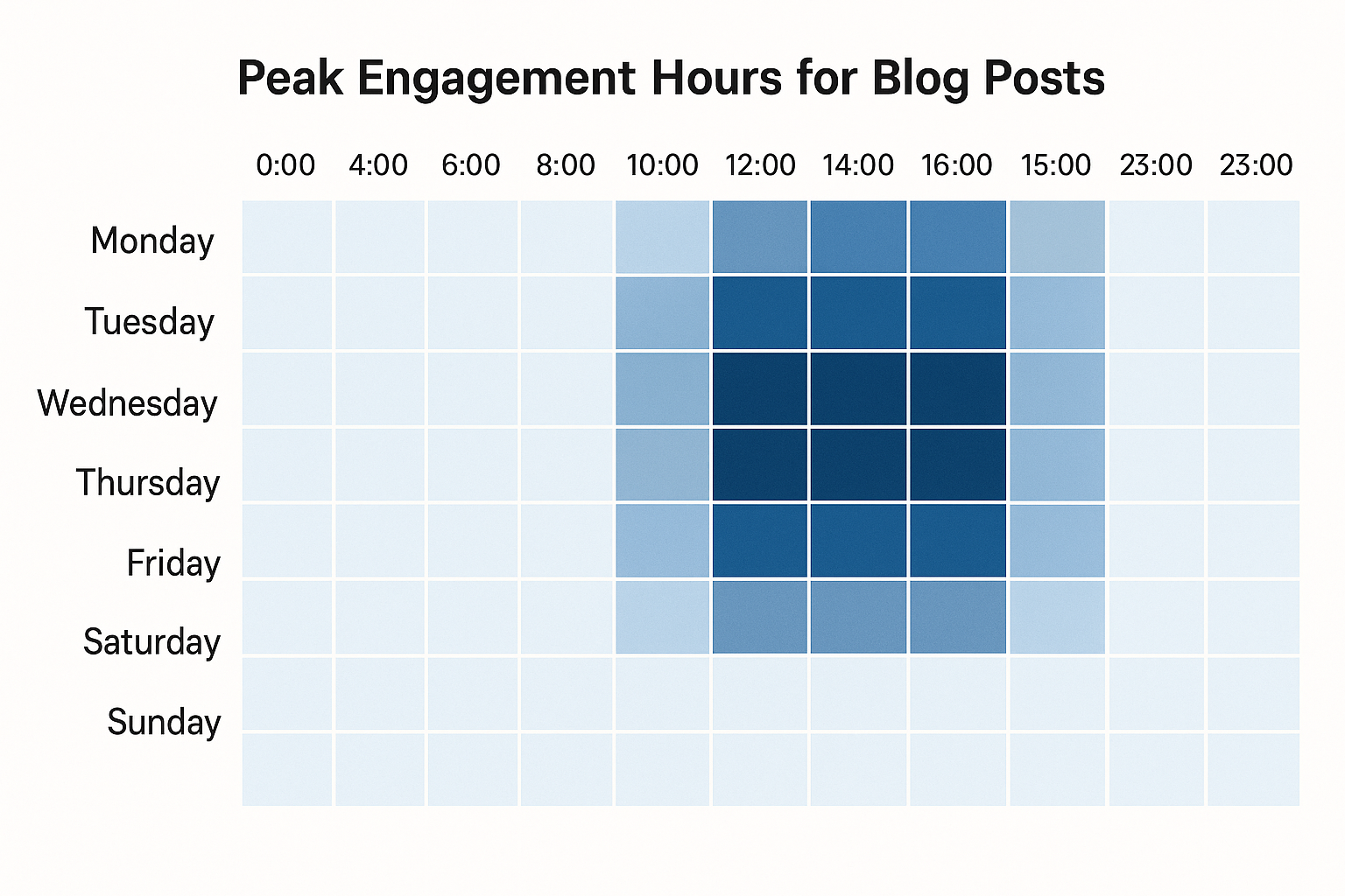 Graph showing peak engagement hours for blog posts across different days. Alt: how to schedule seo content automation optimal posting times chart