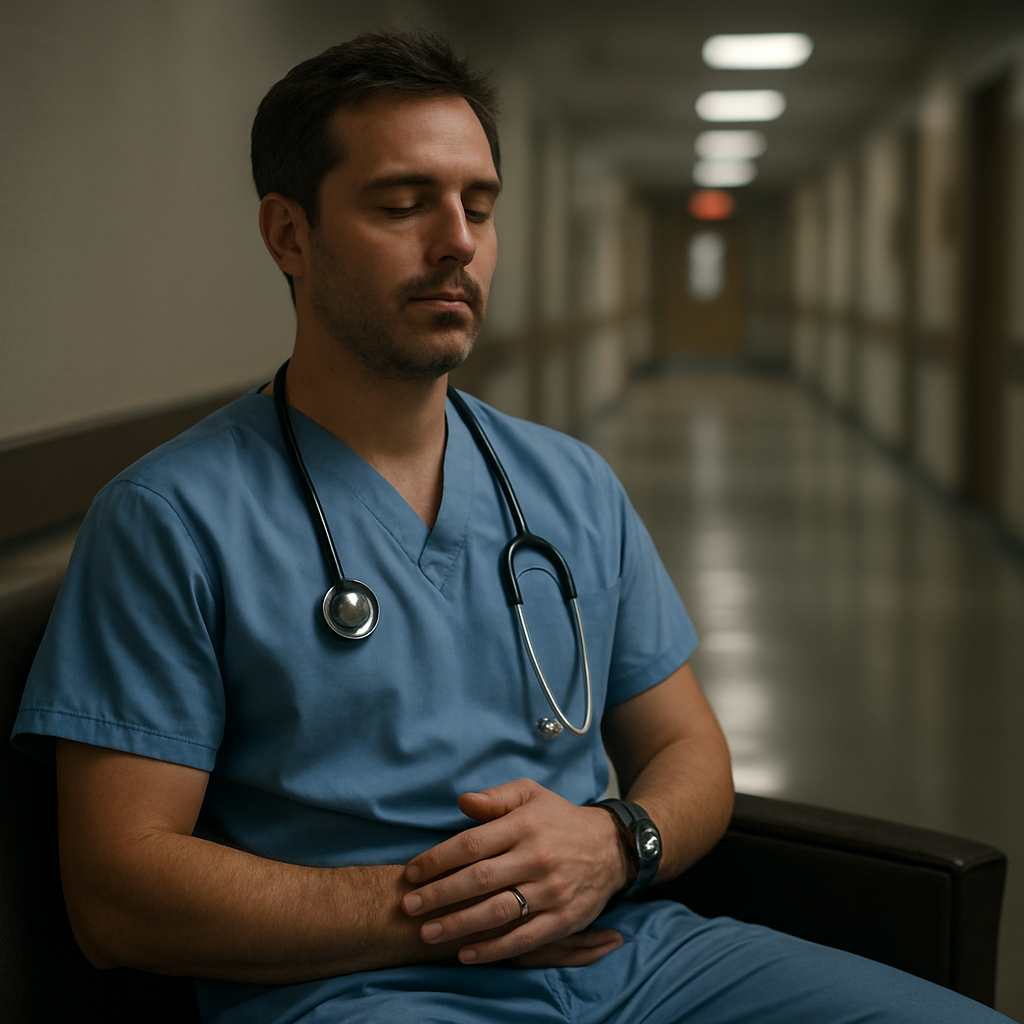 A cinematic, photorealistic scene of a clinician sitting on a hospital hallway bench, eyes closed, performing the coherent breathing technique with a subtle timer glowing on a smartwatch. Alt: Clinician practicing five‑second inhale‑exhale breathing for stress reduction.