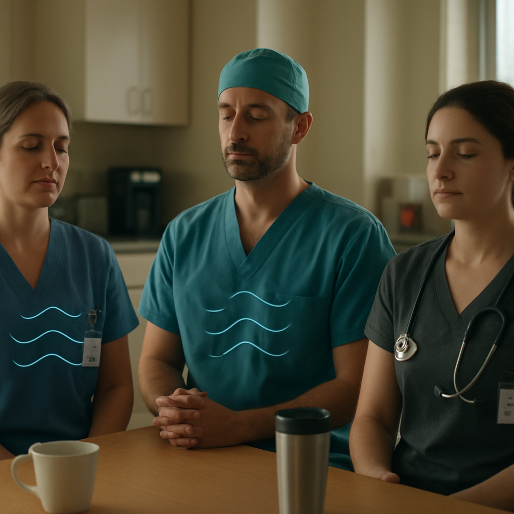 A cinematic, photorealistic scene of a hospital break‑room where a nurse, a surgeon, and a veterinary technician each pause for a three‑minute coherent breathing session, soft natural light filtering through windows, calm expressions, subtle breathing visual cues. Alt: Coherent breathing technique integrated into daily clinical routines.