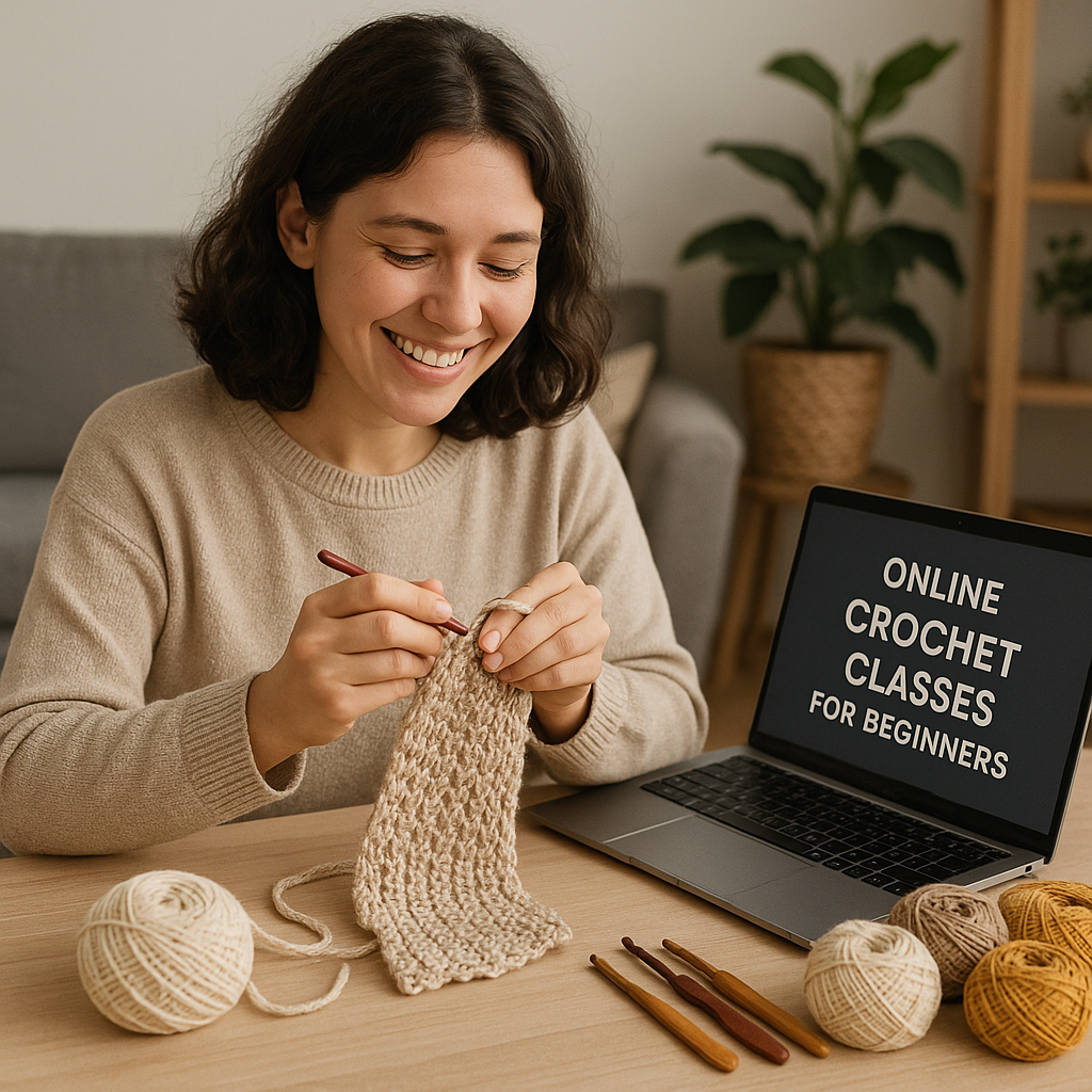 A beginner happily crocheting a simple scarf at home, with yarns and hooks neatly arranged. Alt: Online crochet classes for beginners helping to create a cozy handmade scarf.