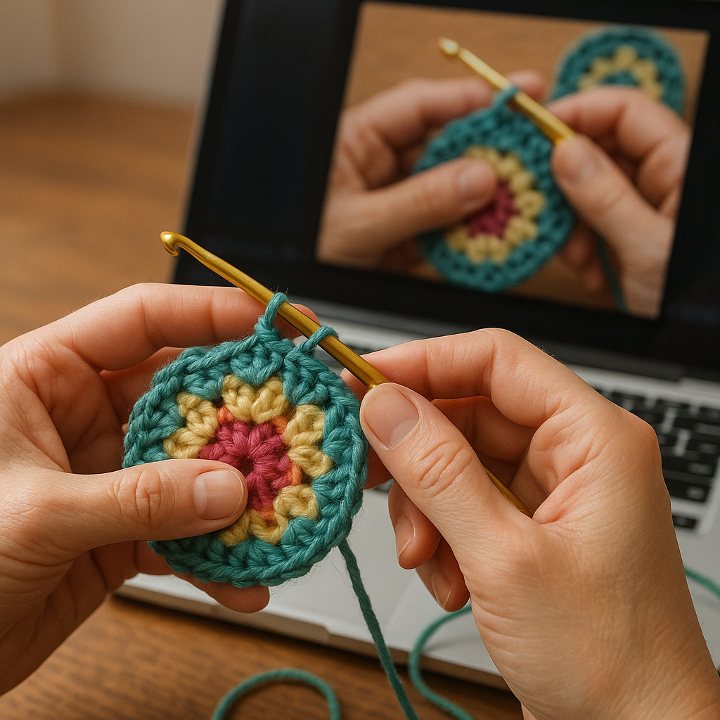 Close-up of hands crocheting a colorful granny square, representing progress in online crochet classes for beginners. Alt: Detailed hand movements in online crochet classes for beginners emphasizing stitch mastery.