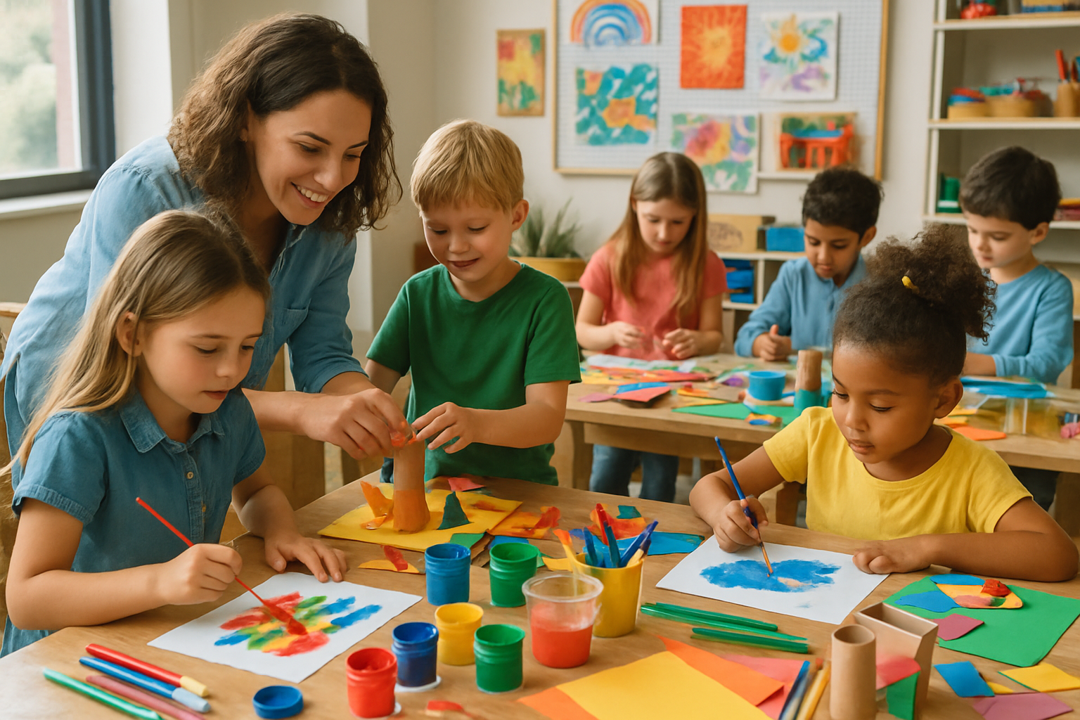 A vibrant children’s arts and crafts workshop with kids painting and making projects. Alt: Learning arts and crafts workshop fostering creativity in children.