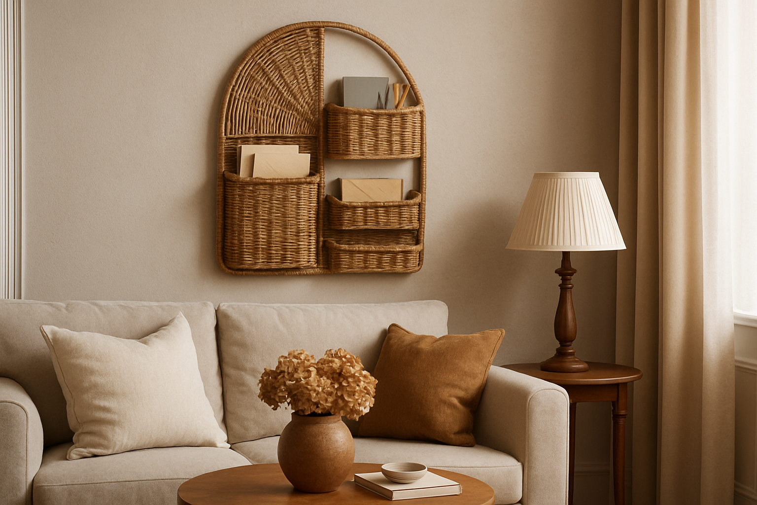 Elegant living room showcasing a natural wicker basket wall organizer, blending art and function. Alt: Learning arts and crafts applied to home decor with natural materials.
