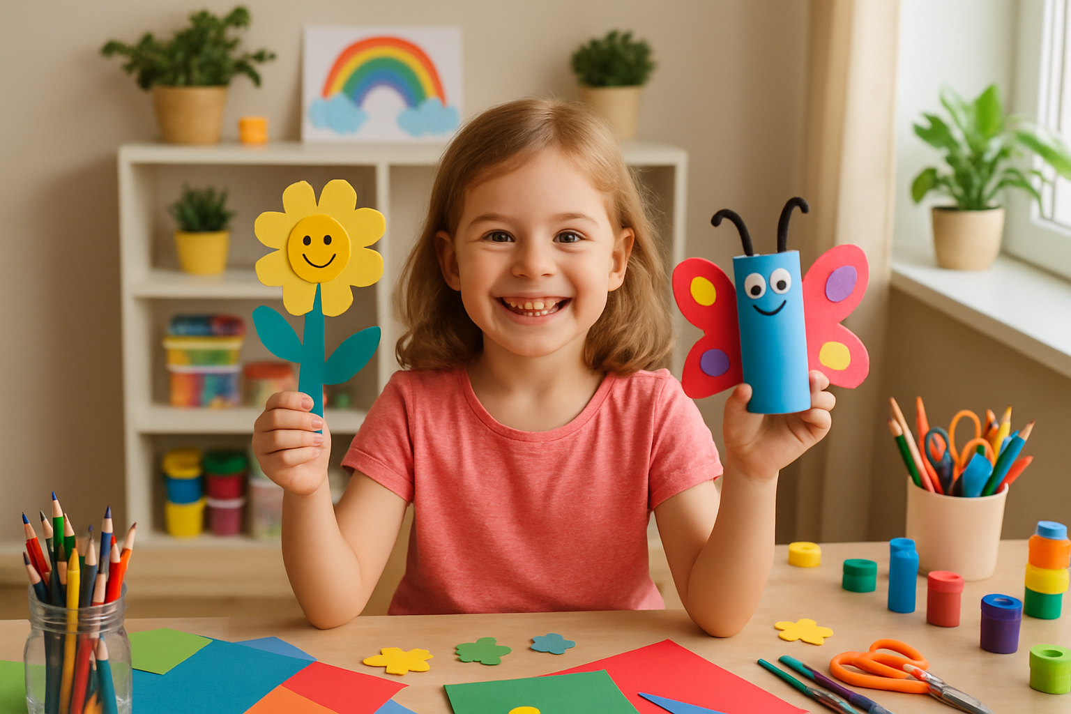 A child proudly displaying handmade crafts in a cheerful home craft area. Alt: Learning arts and crafts as a family activity fostering creativity in children.