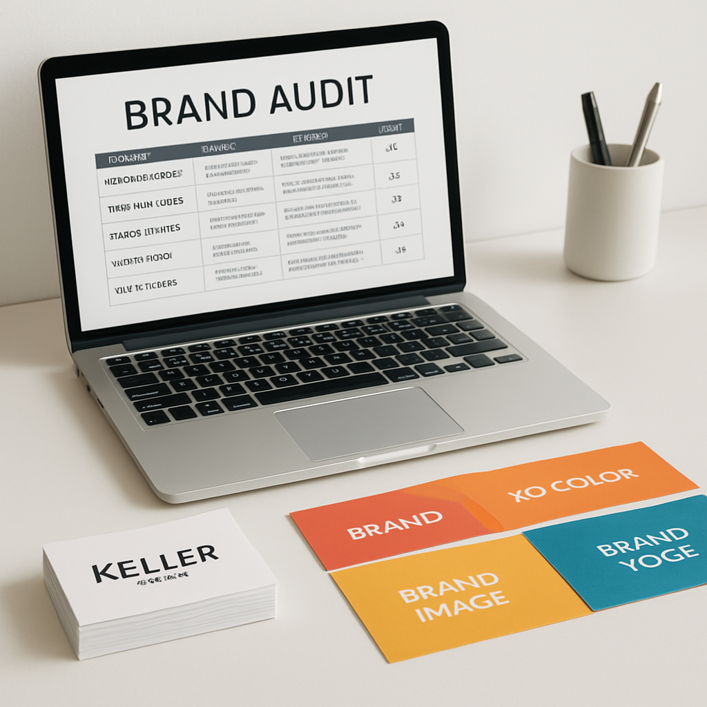 A clean, modern workspace with a laptop open to a brand audit spreadsheet, colourful brand guideline cards spread out, and a stack of custom‑printed business cards. Alt: Keller brand equity model audit visual guide