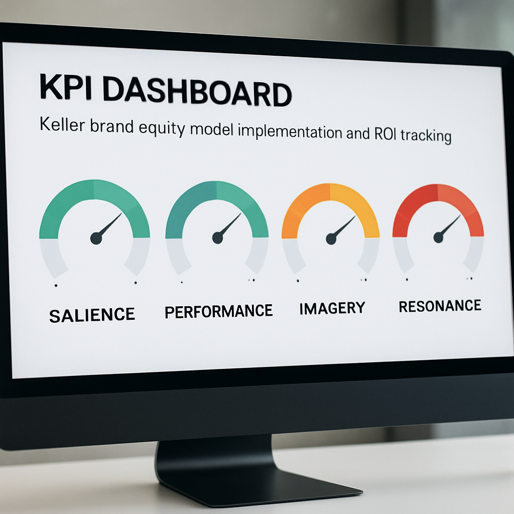 A modern office screen showing a simple KPI dashboard with four coloured gauges labelled Salience, Performance, Imagery, Resonance. Alt: KPI dashboard for Keller brand equity model implementation and ROI tracking.