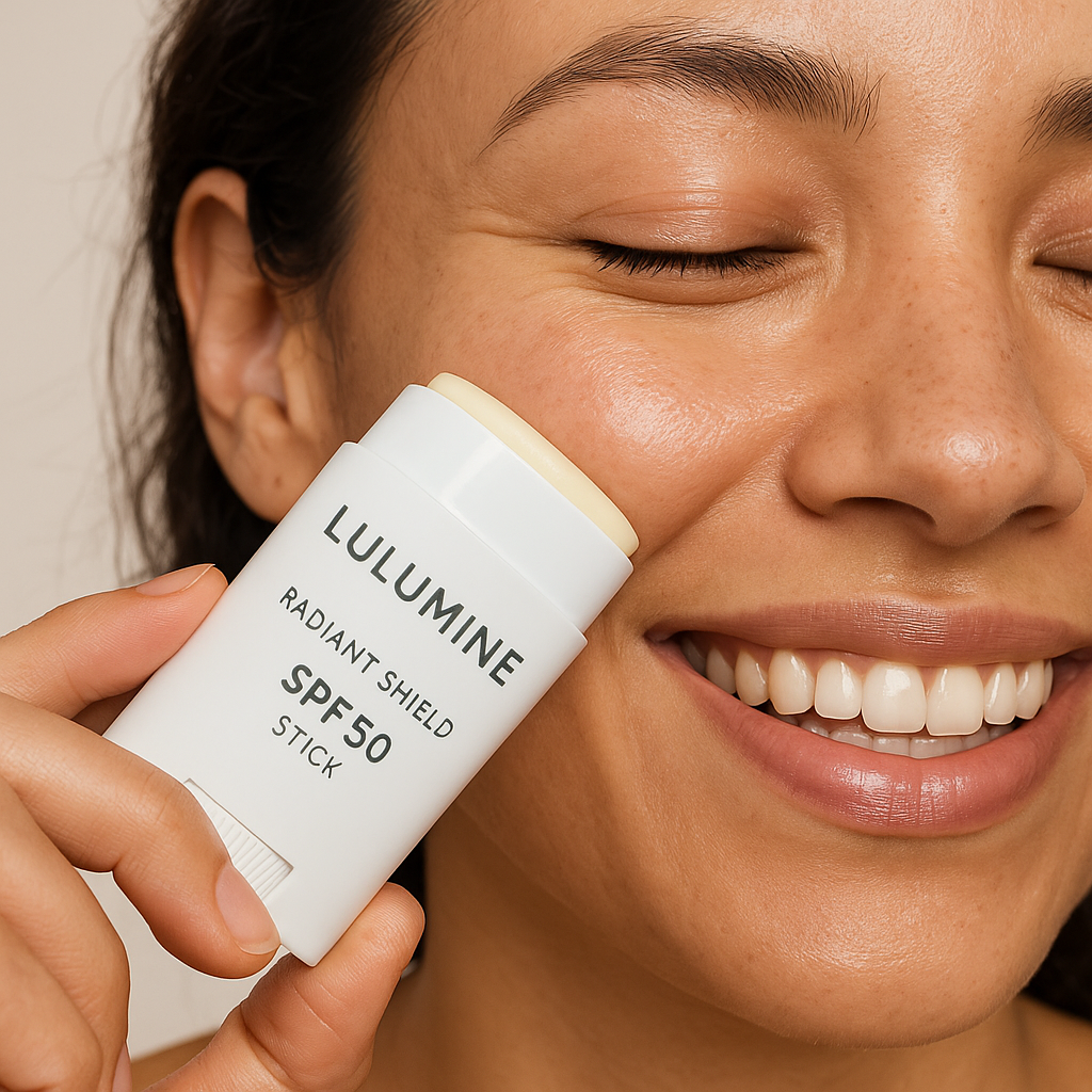 A close‑up of a hand applying Lulumine Radiant Shield SPF 50 stick to a smiling face. Alt: how to use Lulumine Radiant Shield SPF 50 application step by step