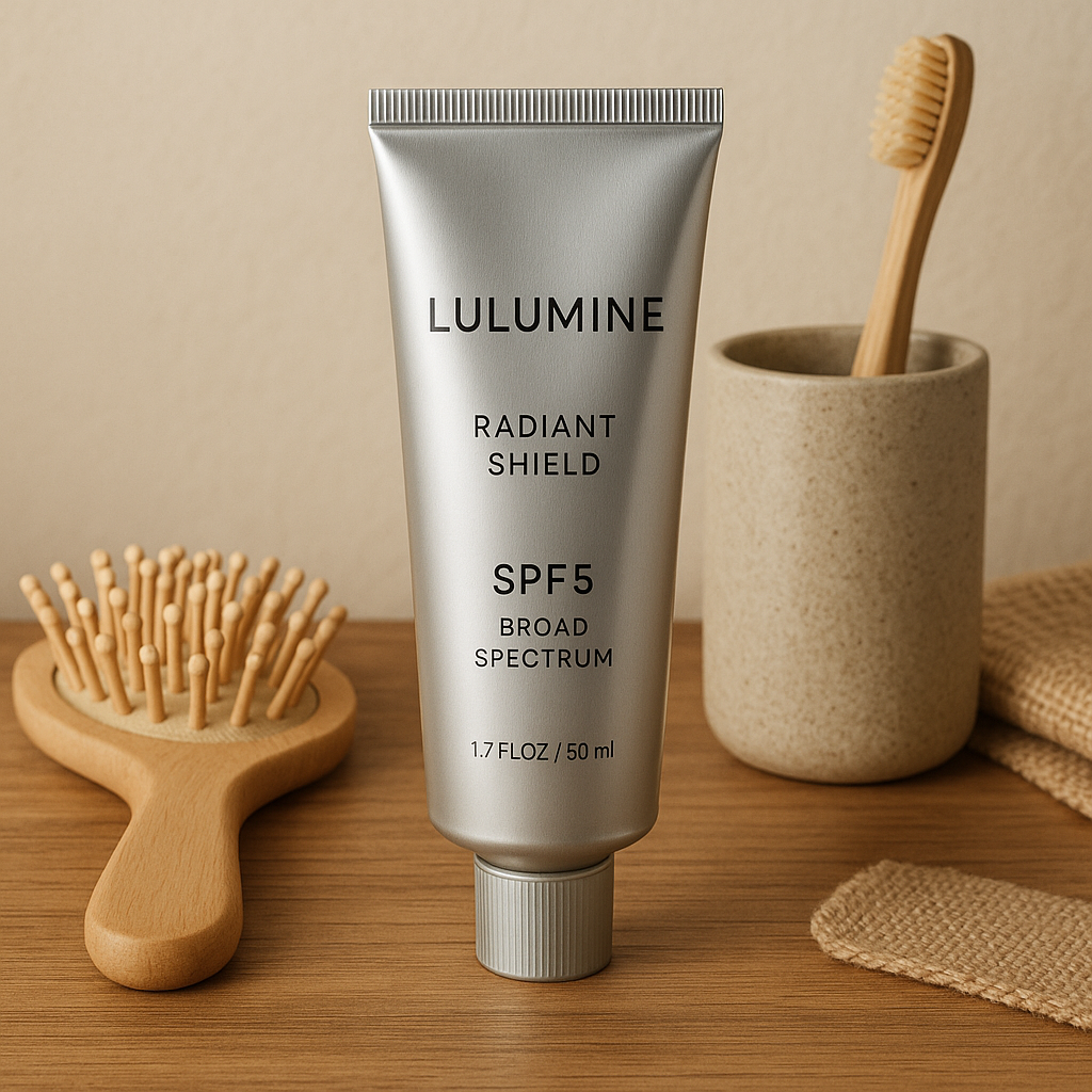 A sleek aluminum tube of Lulumine Radiant Shield SPF 50 displayed on a wooden vanity with eco‑friendly accessories. Alt: how to use Lulumine Radiant Shield SPF 50 sustainable packaging illustration