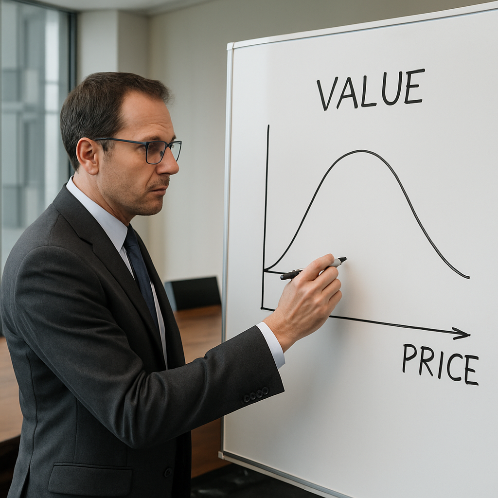 A negotiator in a conference room sketching a value map on a whiteboard. Alt: Negotiator mapping value parameters in a business setting.