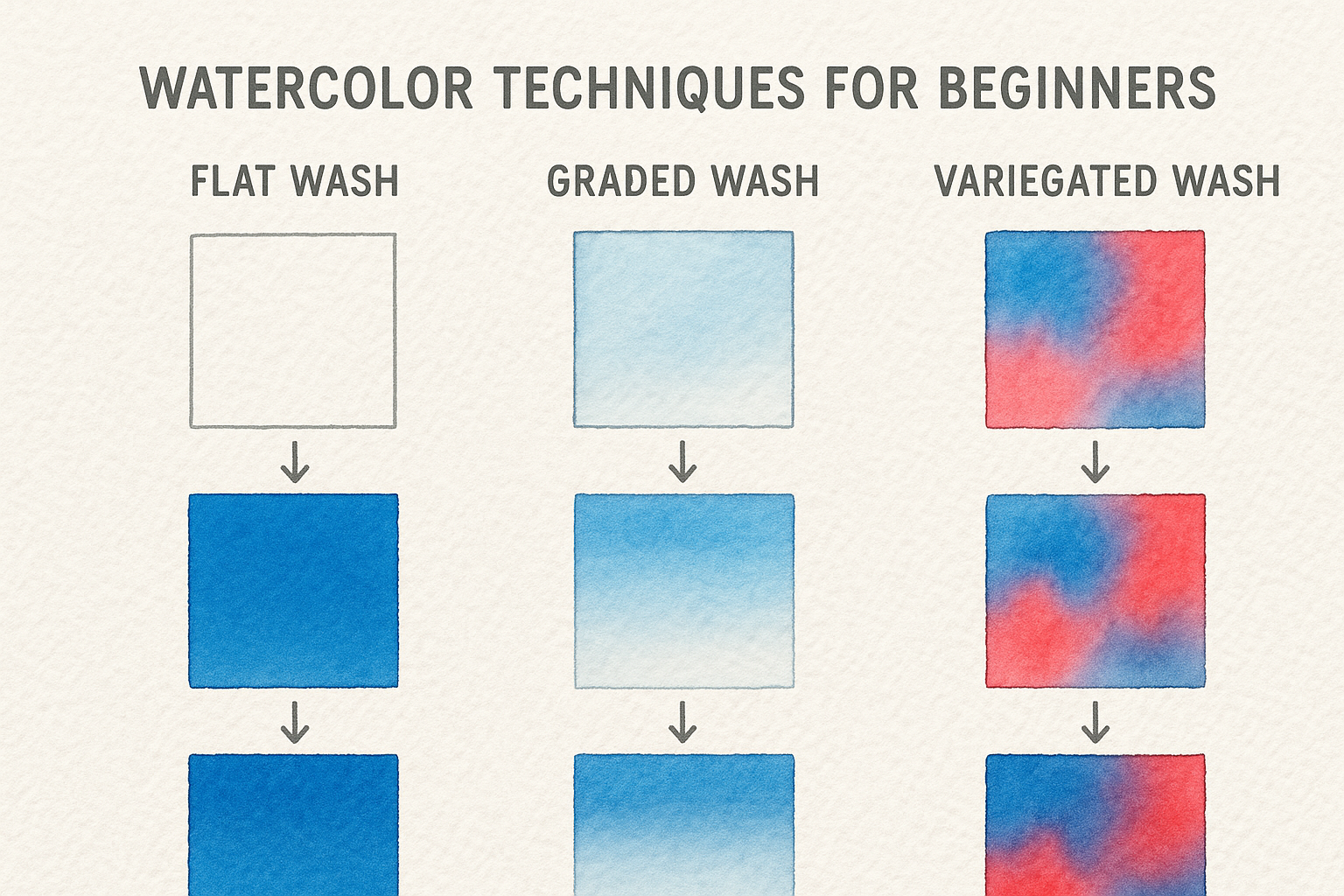 A detailed step-by-step visual guide showing flat, graded, and variegated watercolor washes on textured paper. Alt: Watercolor techniques for beginners with flat, graded, and variegated washes.