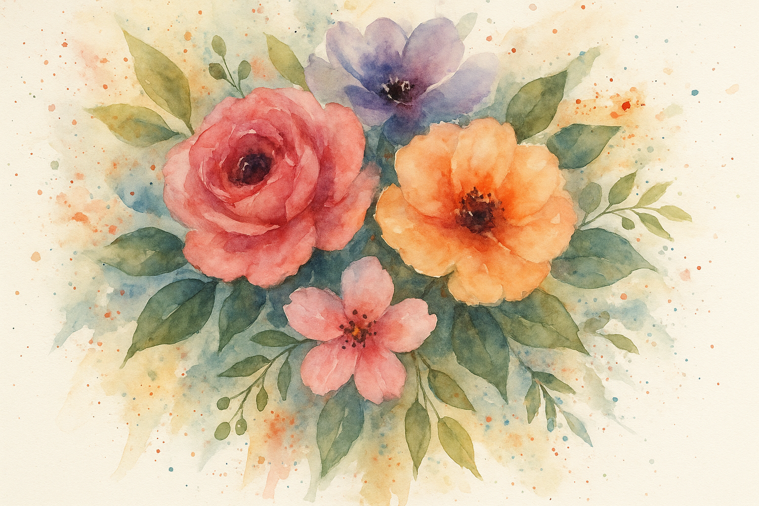 Watercolor floral painting showing effective use of glazing and splatters for texture and depth. Alt: Watercolor techniques for beginners showcasing glazing and splatter methods.