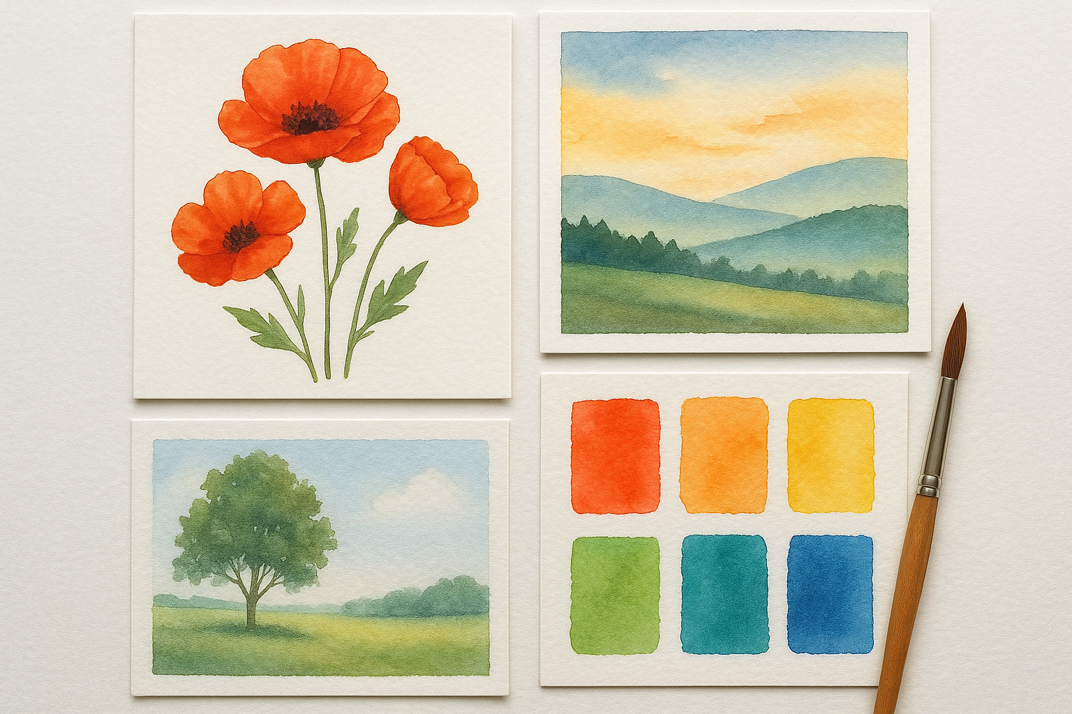 Beginner watercolor projects featuring florals, landscapes, and color studies on watercolor paper. Alt: Easy watercolor techniques for beginners demonstrated in art projects.