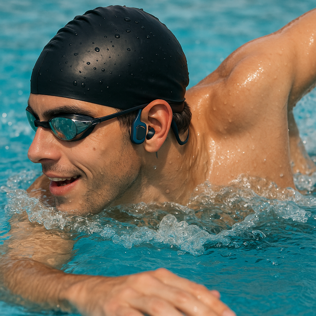 A swimmer wearing stylish waterproof bluetooth earbuds swimming powered by bone conduction technology. Alt: Swimmer using waterproof bluetooth earbuds swimming enjoying music in water.