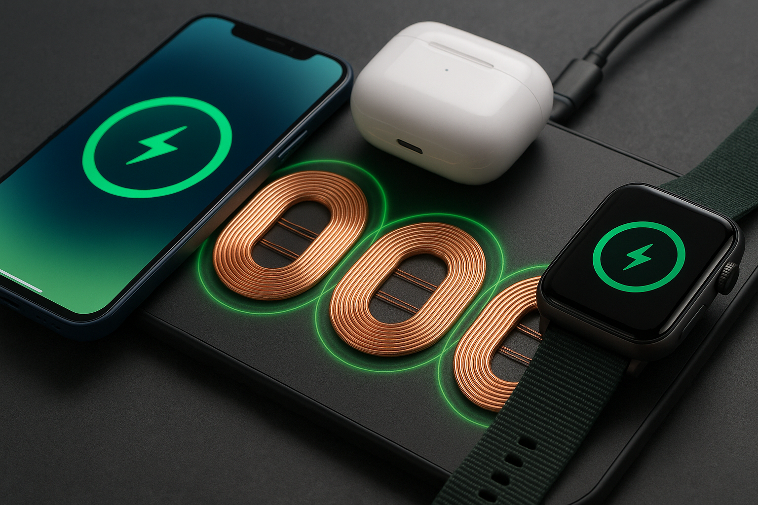 Close-up of a wireless charging pad with visible magnetic coils charging multiple devices simultaneously. Alt: Wireless charging pad multiple devices in use with clear coil alignment.