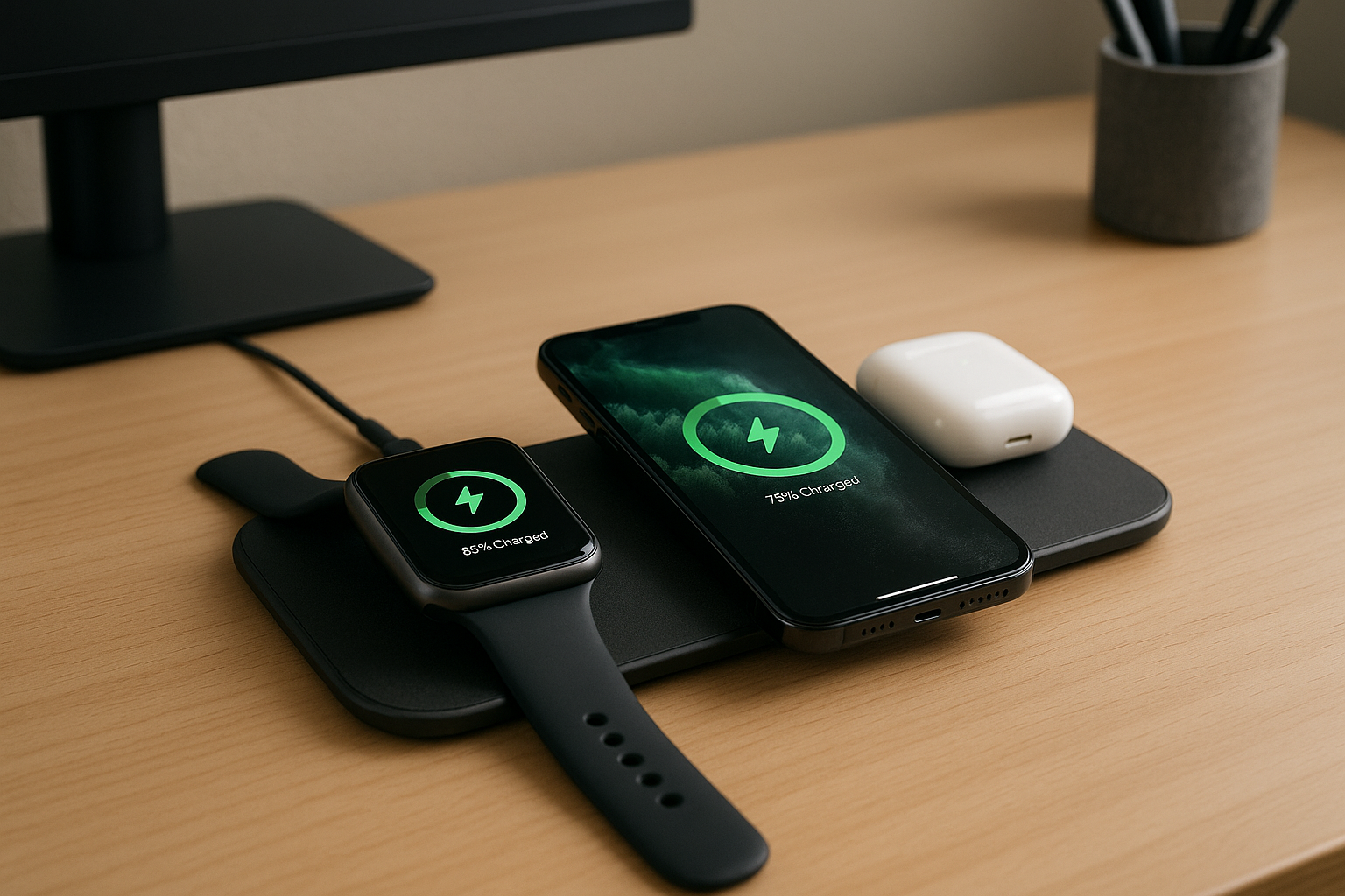 Multiple devices being charged wirelessly on a modern charging pad. Alt: Wireless charging pad multiple devices in home office setup.