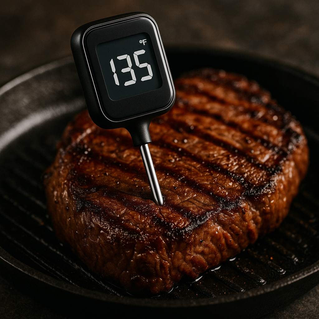 A sleek digital meat thermometer wireless in action on a perfectly grilled steak. Alt: Wireless digital meat thermometer displaying accurate temperature on a cooked steak.