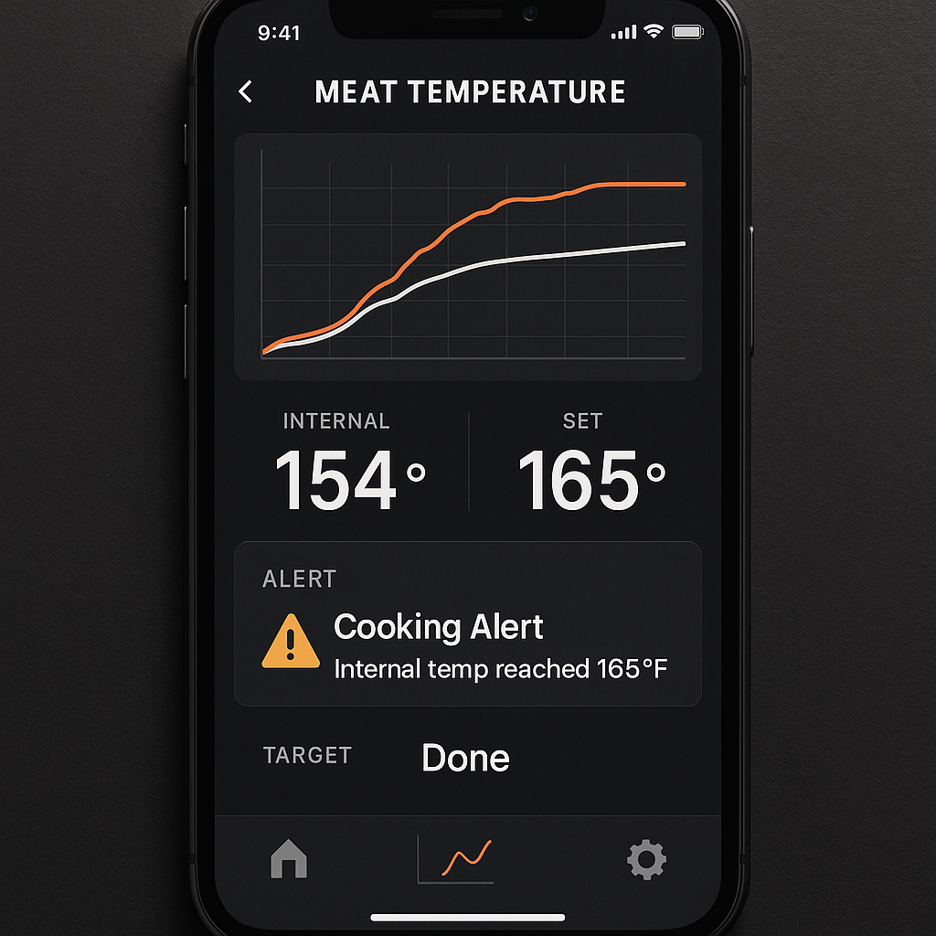 An app interface showing real-time temperature graphs from a digital meat thermometer wireless on a smartphone screen. Alt: Mobile app for wireless digital meat thermometer showing cooking progress charts and alerts.