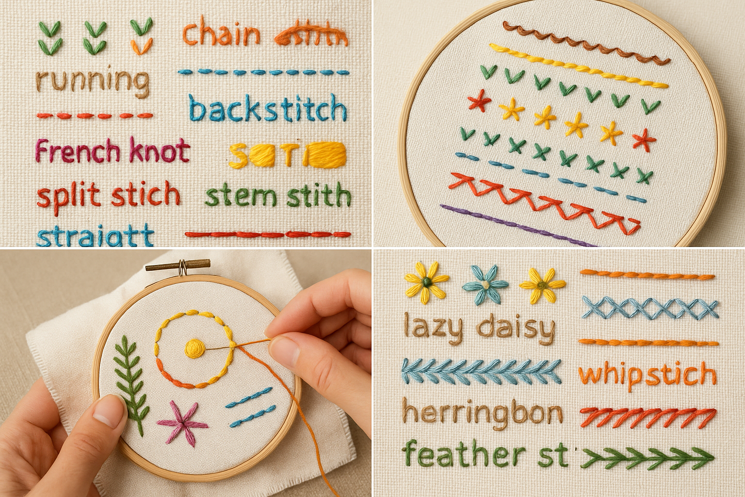 A collage showing various hand embroidery stitches beginners learn in online classes. Alt: Online embroidery classes for beginners showing stitch sampler projects.
