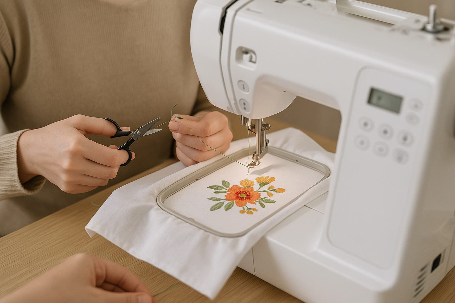 Close-up of a beginner using a home embroidery machine, wielding scissors and thread. Alt: Beginner embroidery machine setup in online embroidery classes for beginners.
