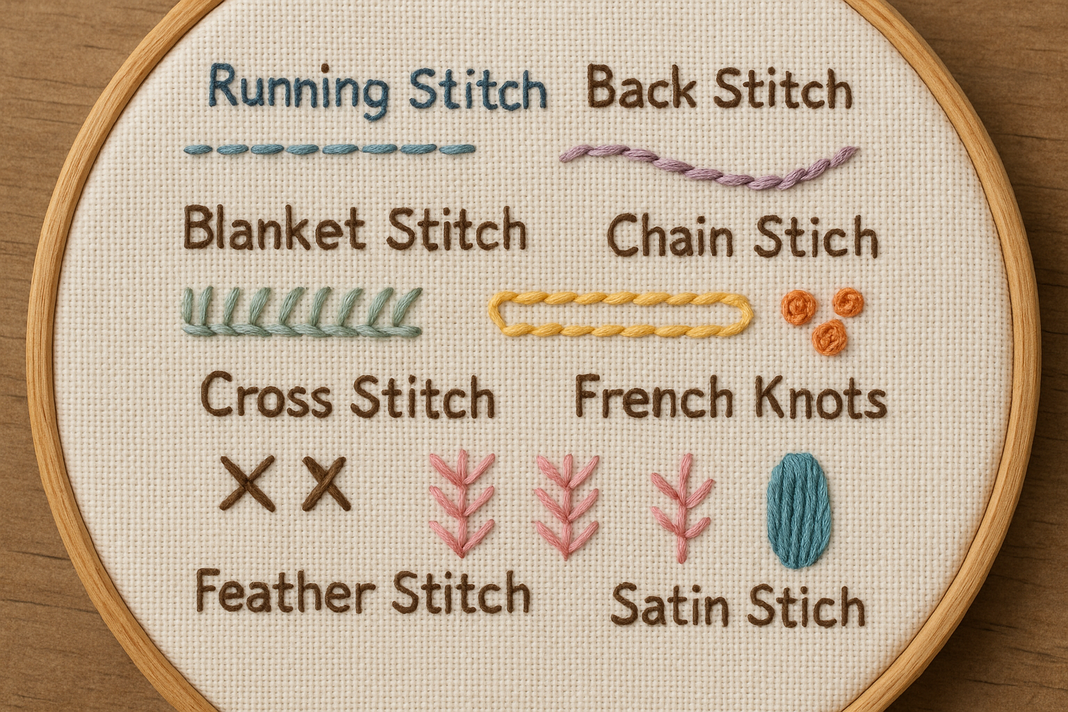Embroidery sampler showing labeled stitch types for beginner learners. Alt: Beginner embroidery stitch guide in online embroidery classes for beginners.