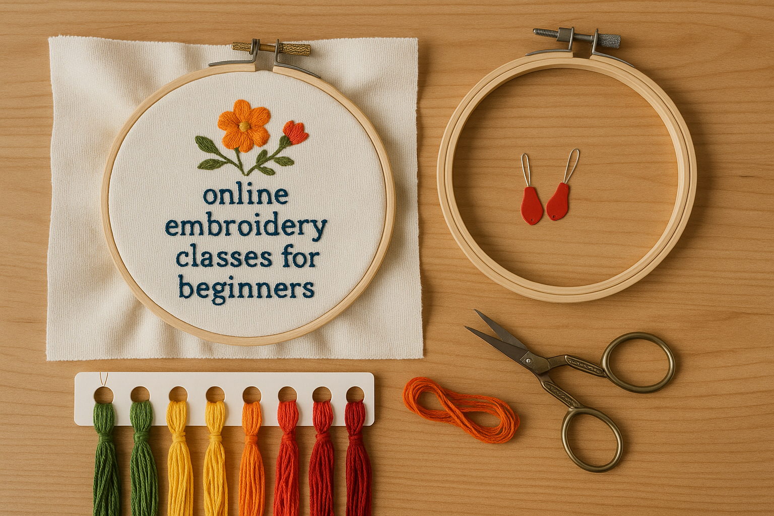 A beginner embroidery project kit including fabric, hoops, floss, scissors, and needle threaders. Alt: Online embroidery classes for beginners supplies and project kit.