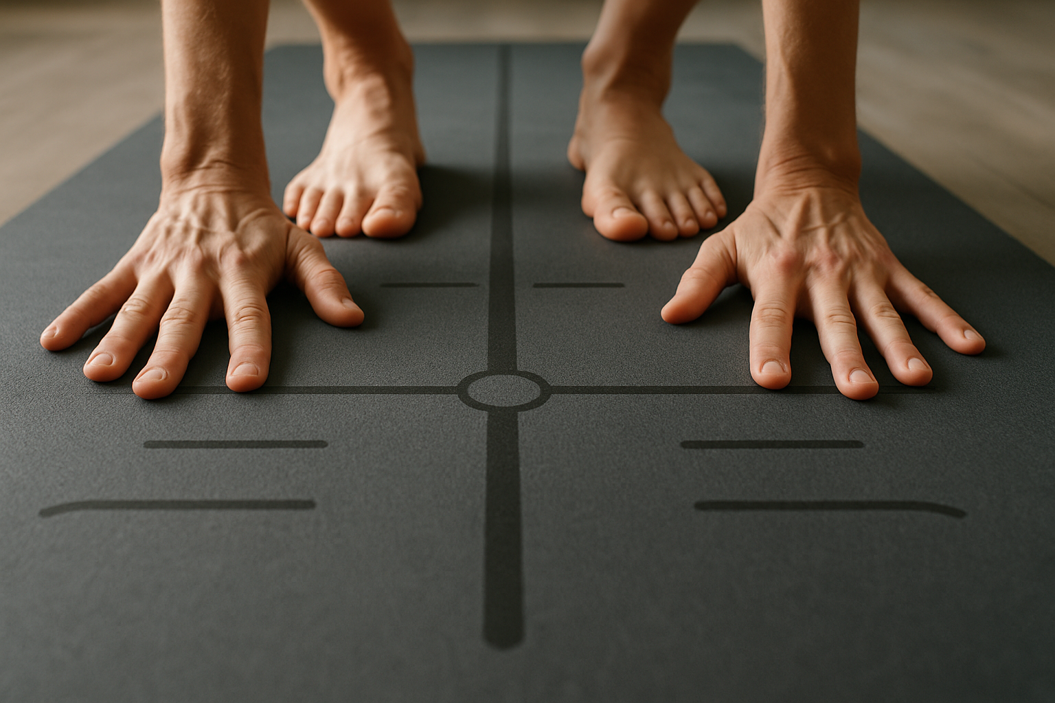 Close-up of yoga practitioner's hands and feet perfectly aligned on a yoga mat's printed markers. Alt: Close-up of alignment lines on non-slip yoga mat guiding body posture.