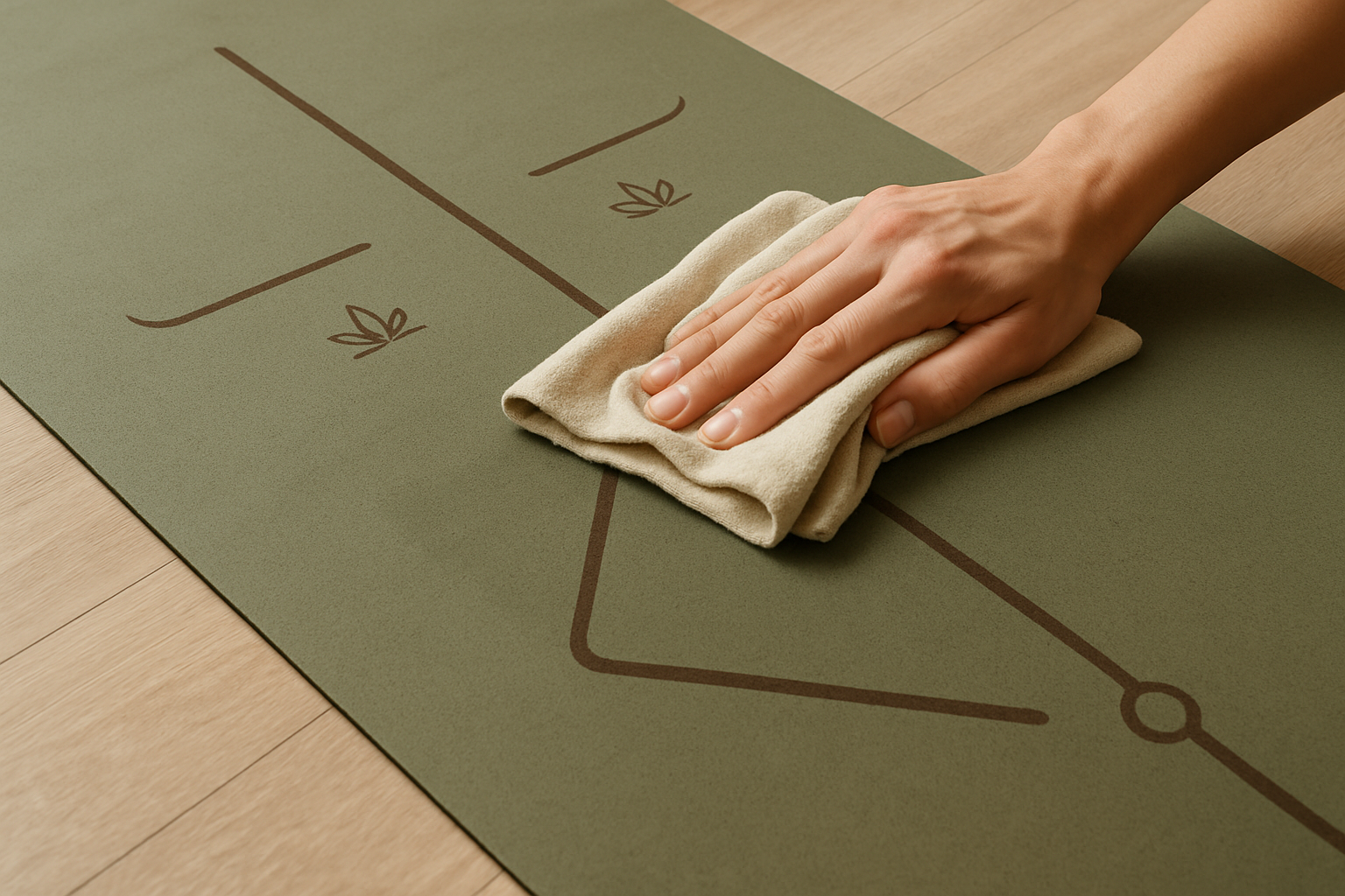 An eco-friendly non-slip yoga mat being wiped clean with a soft cloth. Alt: Maintenance of non-slip yoga mat with alignment lines for longevity.