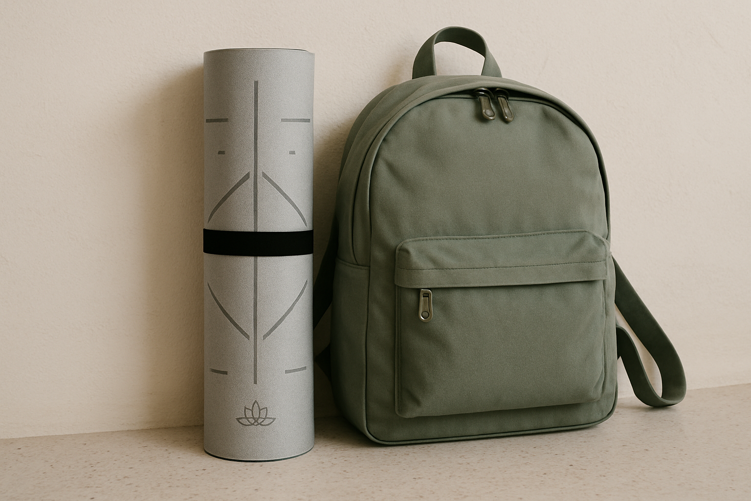 A travel-sized non-slip yoga mat with alignment lines rolled up next to a backpack. Alt: Travel-friendly non-slip yoga mat with alignment lines ready for portable yoga practice.