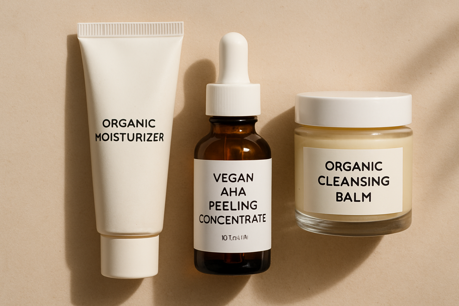 Beauty flat lay of vegan AHA peeling concentrate alongside organic moisturizer and cleansing balm. Alt: Vegan AHA peeling concentrate routine with organic cleansing and moisturizing products.